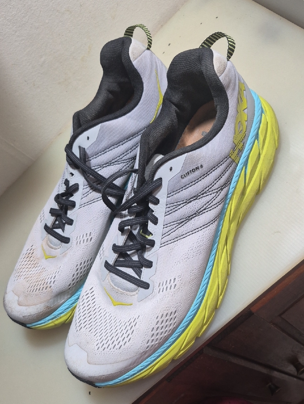 Hoka Men's Clifton 6 Running Shoes - White, Yellow, Blue